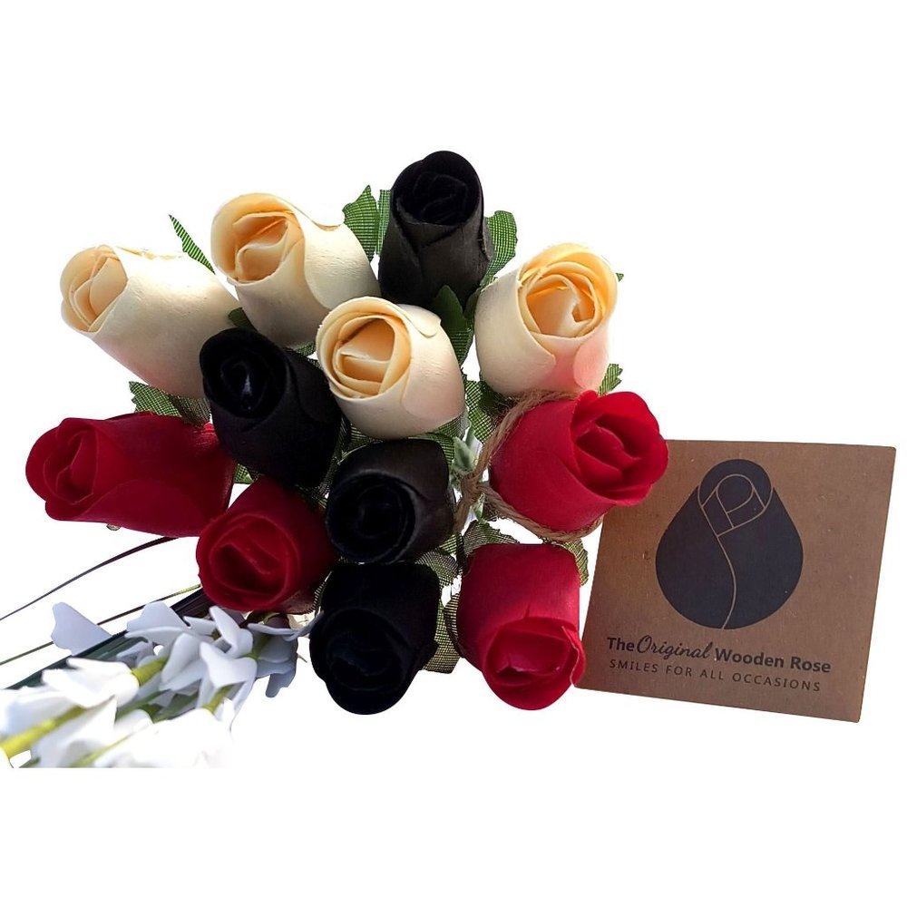 1 Dozen Red, Black and White Flower Bouquet. The Original Wooden Rose
